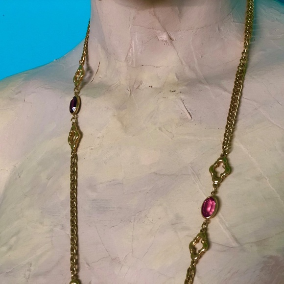 VTG 70s Gold Tone Dbl Curb Fancy Chain 36" Opera Length Necklace/Colored Stones - Picture 5 of 12